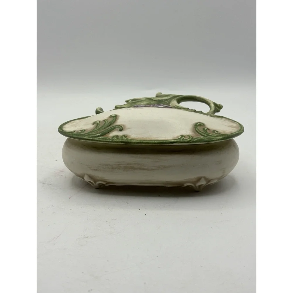 Vintage Art Nouveau Style Ceramic Covered Trinket Box Floral Vanity Jewelry